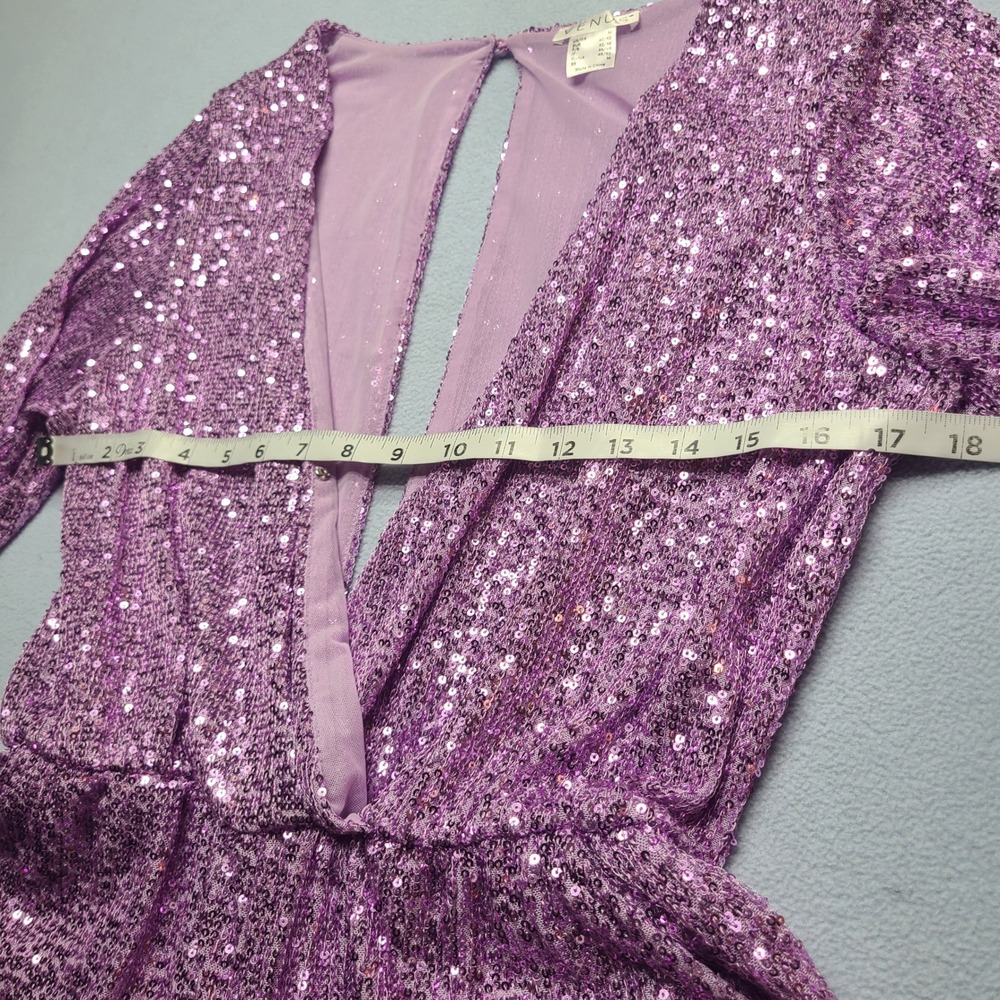 Venus Sequin Romper Womens Medium Purple Excellent Deep V-Neck Balloon Sleeve - Picture 4 of 8